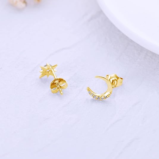 14K Real Gold Moon & Star Cubic Zirconia Stud Earrings