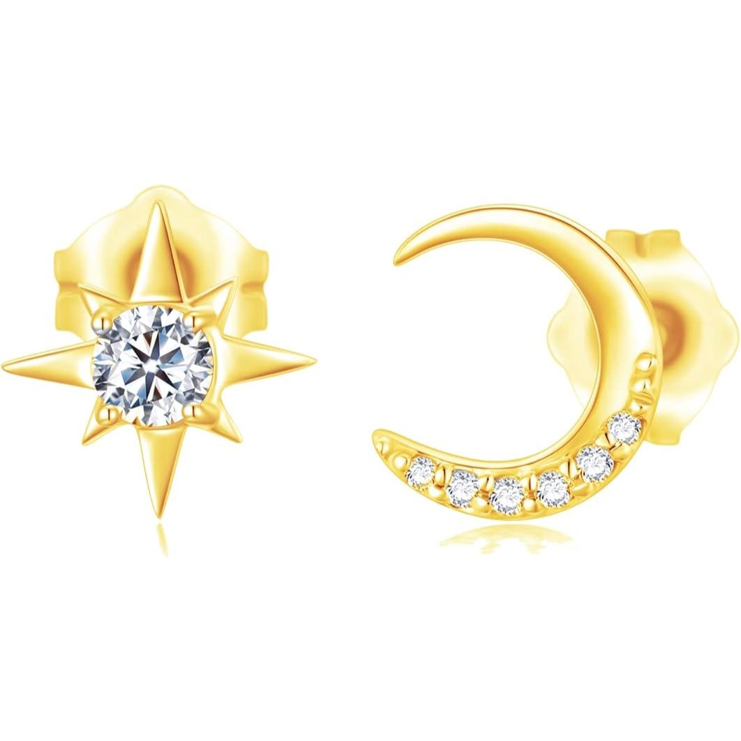 14K Real Gold Moon & Star Cubic Zirconia Stud Earrings