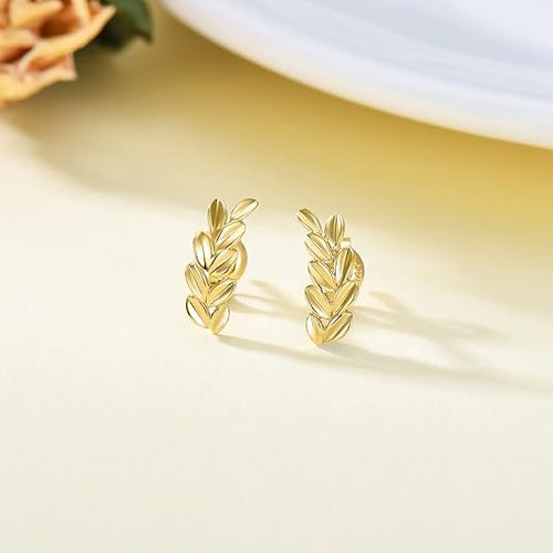 14K Real Gold Leaf Motif Post Earrings