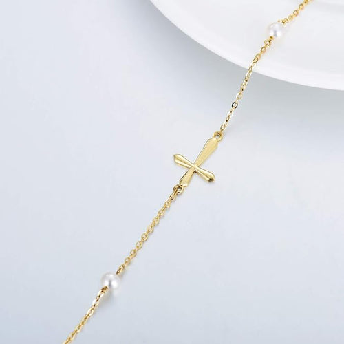 14K Real Gold Freshwater Pearl Cross Bracelet