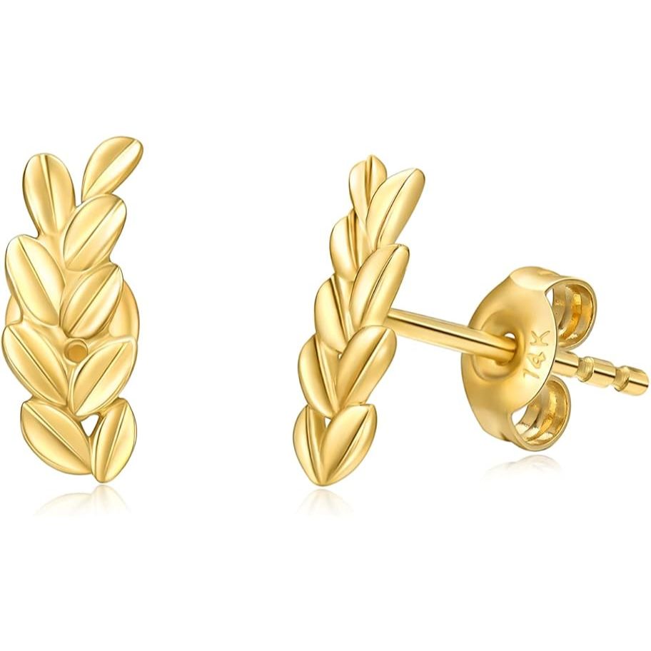 14K Real Gold Leaf Motif Post Earrings