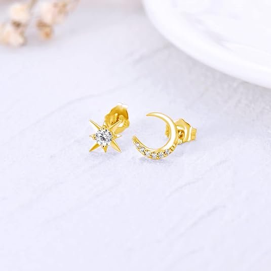 14K Real Gold Moon & Star Cubic Zirconia Stud Earrings