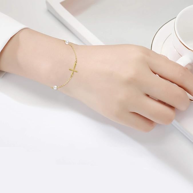 14K Real Gold Freshwater Pearl Cross Bracelet