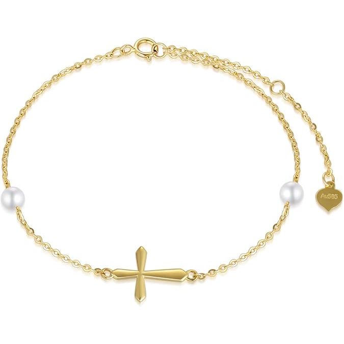 14K Real Gold Freshwater Pearl Cross Bracelet