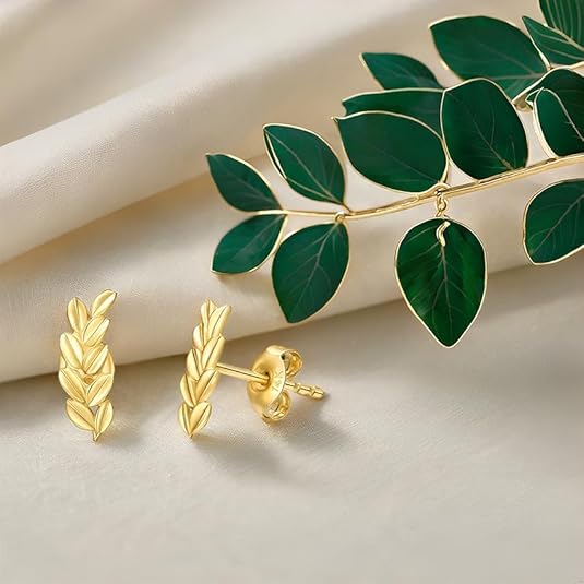 14K Real Gold Leaf Motif Post Earrings