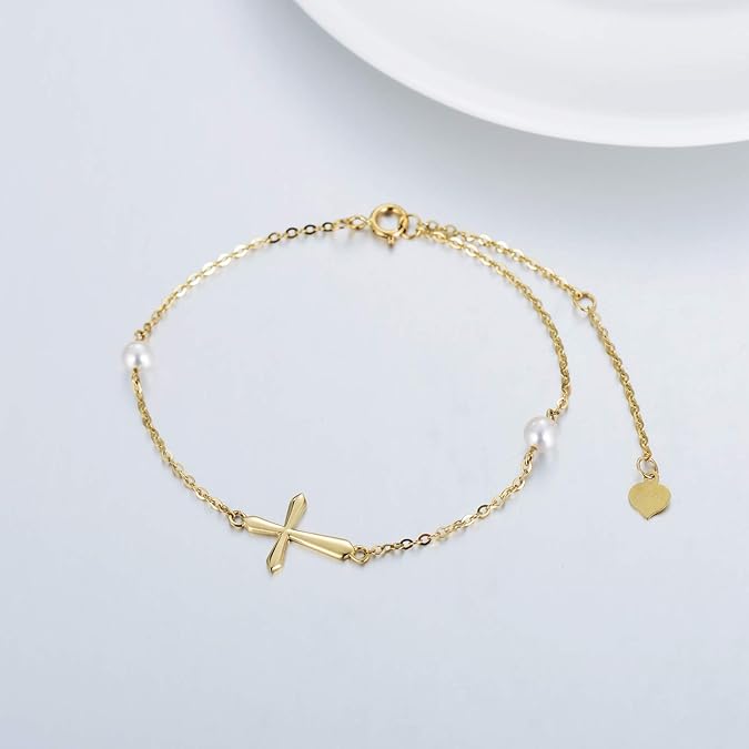 14K Real Gold Freshwater Pearl Cross Bracelet
